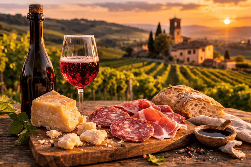 Vigneti e calice di Lambrusco tra Modena e Reggio Emilia durante un itinerario food e wine