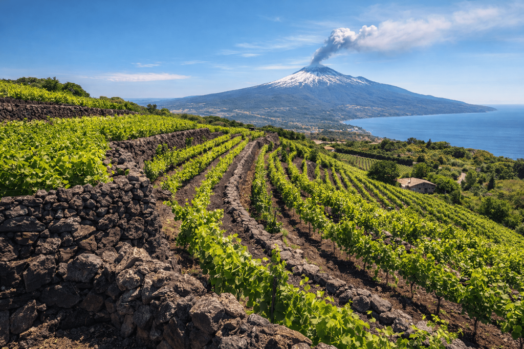 Vigneti e muretti di pietra lavica sull’Etna in un itinerario food e wine in Sicilia