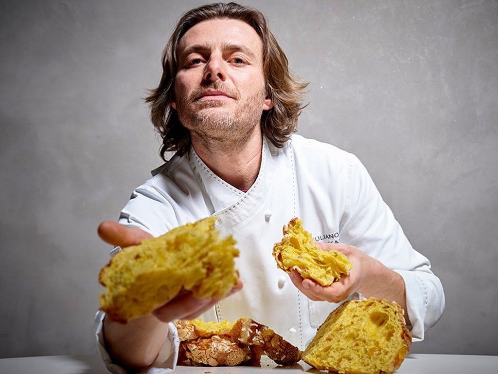 Giuliano Baldessari con la colomba pasquale di Aqua Crua alla farina di mesquite