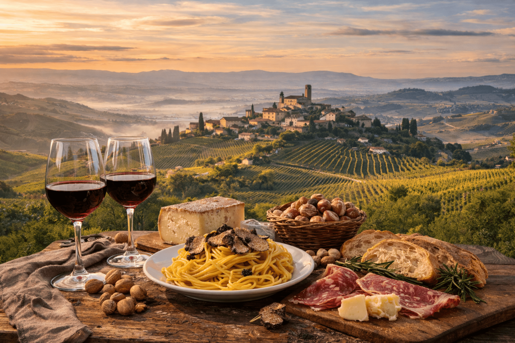 Colline vitate delle Langhe con borgo piemontese in un itinerario food e wine