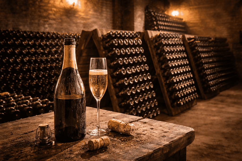 Bottiglie in cantina durante la produzione di uno spumante Metodo Classico
