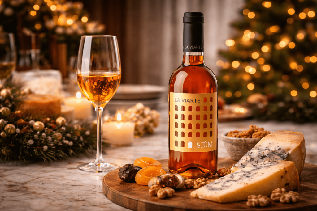 Bottiglia di Siùm de La Viarte con calice e formaggi in una scena da tavola delle feste