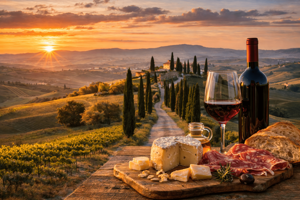 Paesaggio della Val d’Orcia con cipressi e vigneti in un itinerario food e wine in Toscana
