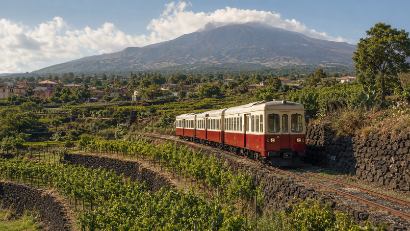 Treno storico della Circumetnea tra vigneti, muretti di lava e profilo dell’Etna
