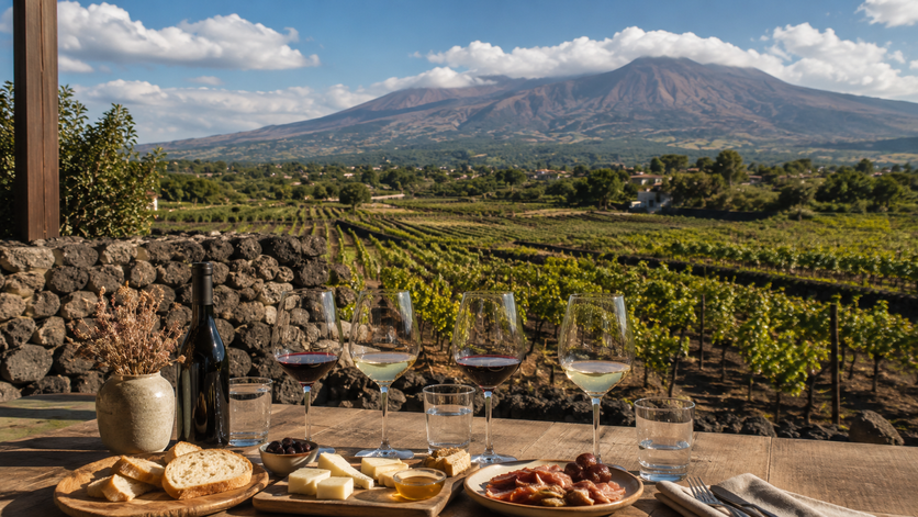 Degustazione in cantina sull’Etna con calici, prodotti locali e vigneti sul vulcano