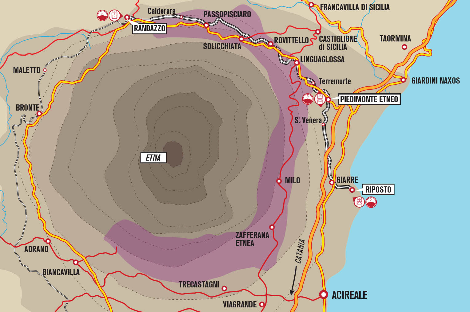 La mappa del tour vinicolo con il treno sull'Etna